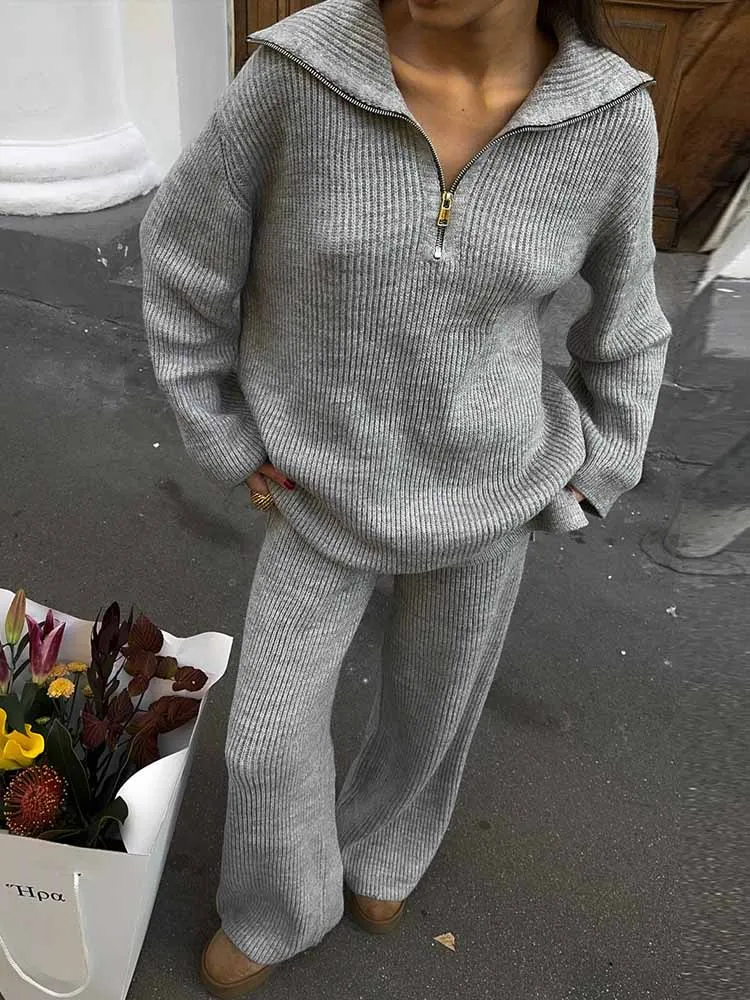 

BKQU Autumn Winter Knit Two Piece Set Women's Solid Loose Half Zip Pullover Tops Wide Leg Pants Fashion Warm Sweater Suit 2025