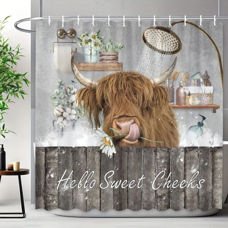 1pc Highland Cow Shower Curtain, Country Farm Interesting Animals Barn Wooden Board Country Western Wildlife Plants Natural Mode