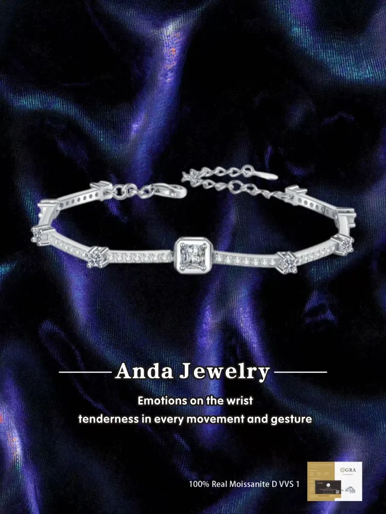 

Moissanite 925 Sterling Silver Simple Square Gift Girlfriend Bracelet Fine Jewelry GRA Certified