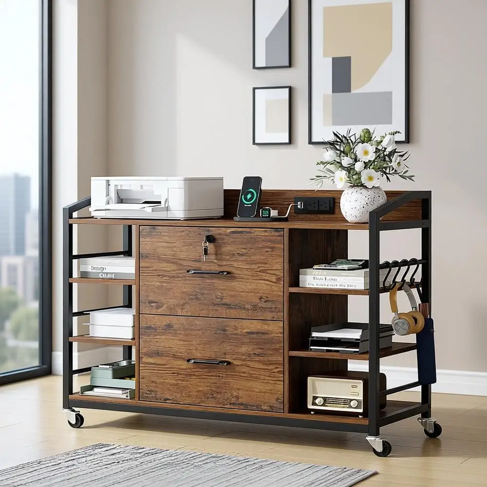 

Шкаф на 44 дюйма для документов формата Legal/Letter, 2 двери, с замком, розеткой, 6 полками, отделка под старину, коричневый цвет.