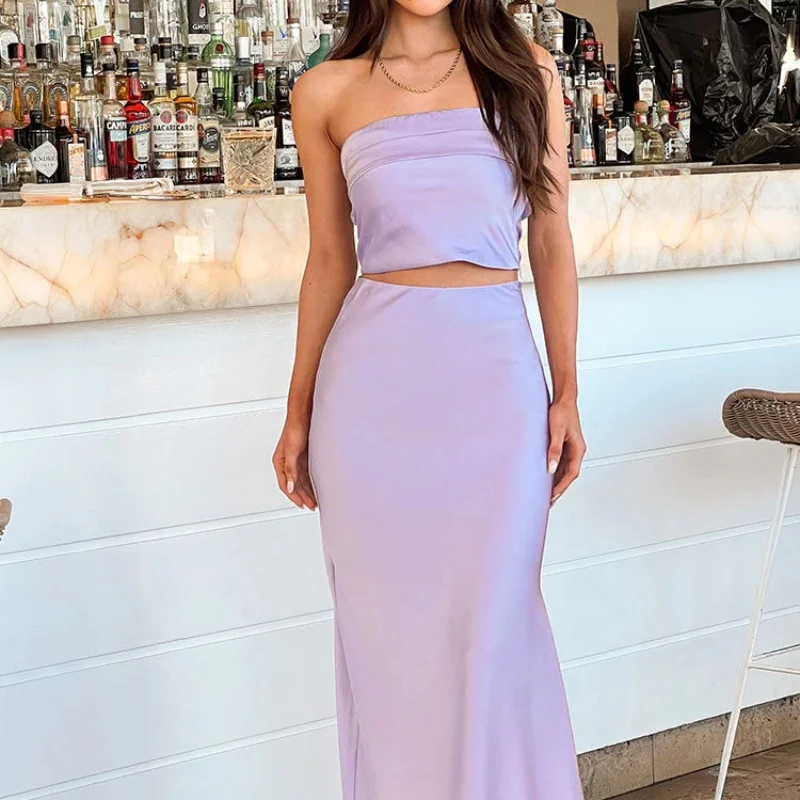 طقم ملابس نسائية صيفية أنيقة بدون حمالات وطبعة زهور صلبة وتنورة طويلة مكونة من قطعتين