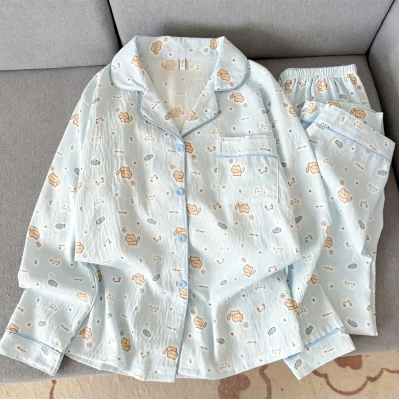 Spring Autumn Cute Animal Print Pajama Set Lapel Neck Button Down Long Sleeve Pants 2Pcs Women Soft Home Sleepwear Loungewear