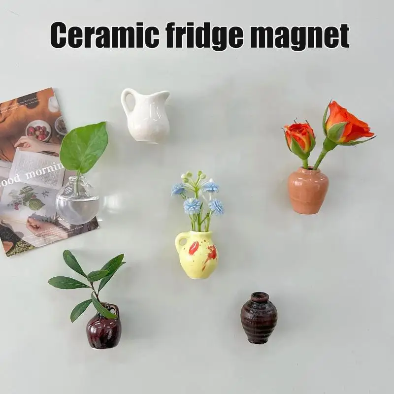 Mini Ceramic Vase Fridge Magnet 3D Micro Landscape Decorative Plant Pot Magnet For Refrigerator Kitchen Living Room Ornament