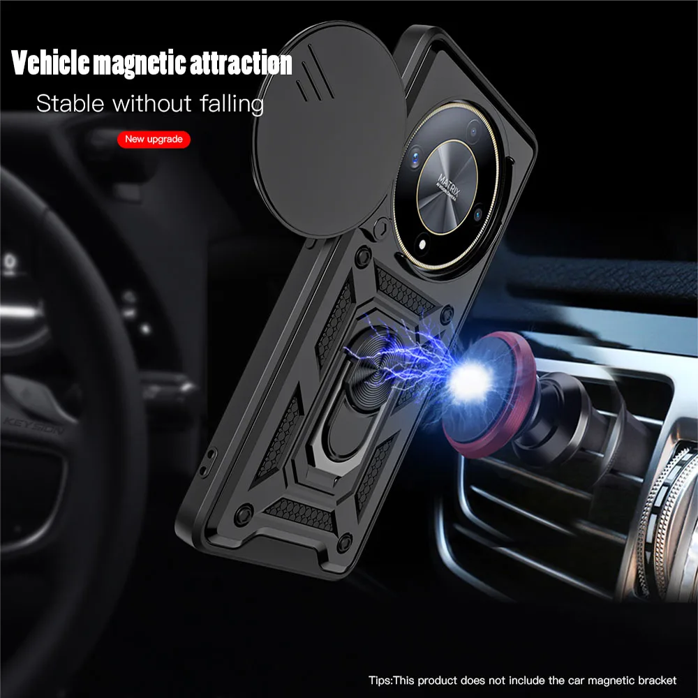 KEYSION Shockproof Case for HONOR X9b 5G Slide Camera Lens Protection Ring Stand Phone Cover for Huawei Honor Magic 6 Lite 5G