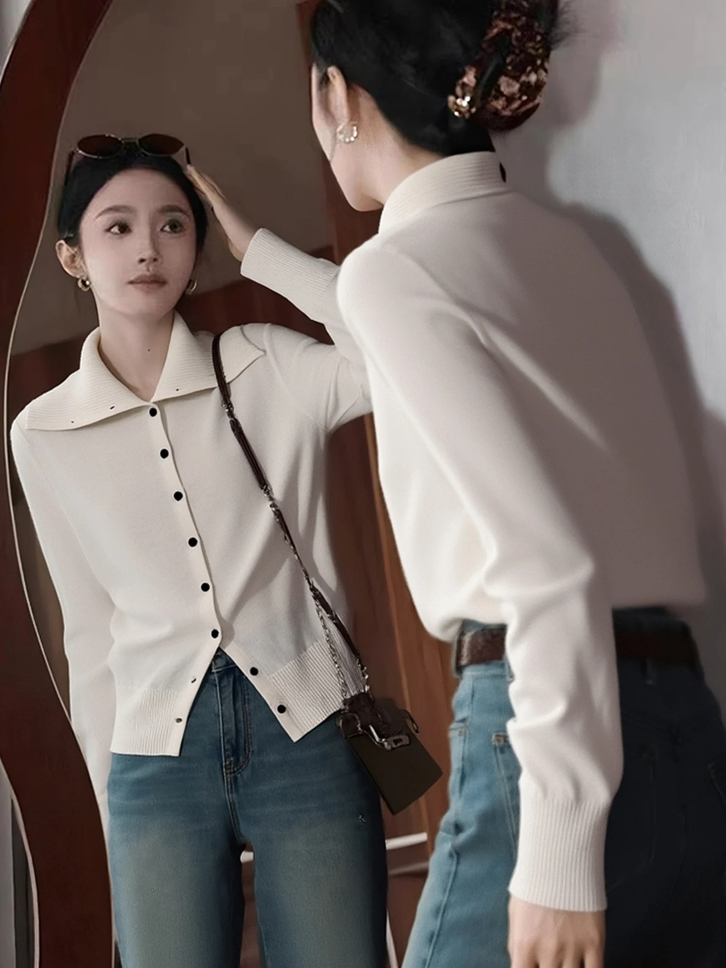 

Модный матовый белый вязаный длинный женский открытый кардиган с воротником свека на одной пуговице, высококачественный топ на осень и зиму...