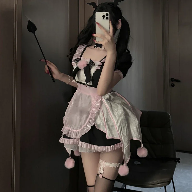 Sexy Demon Maid Dress Uniform Cosplay Costume Pink Witch Puffy Skirt Role Play Nightdress Plush Ball Cute Girl Outfits Halloween