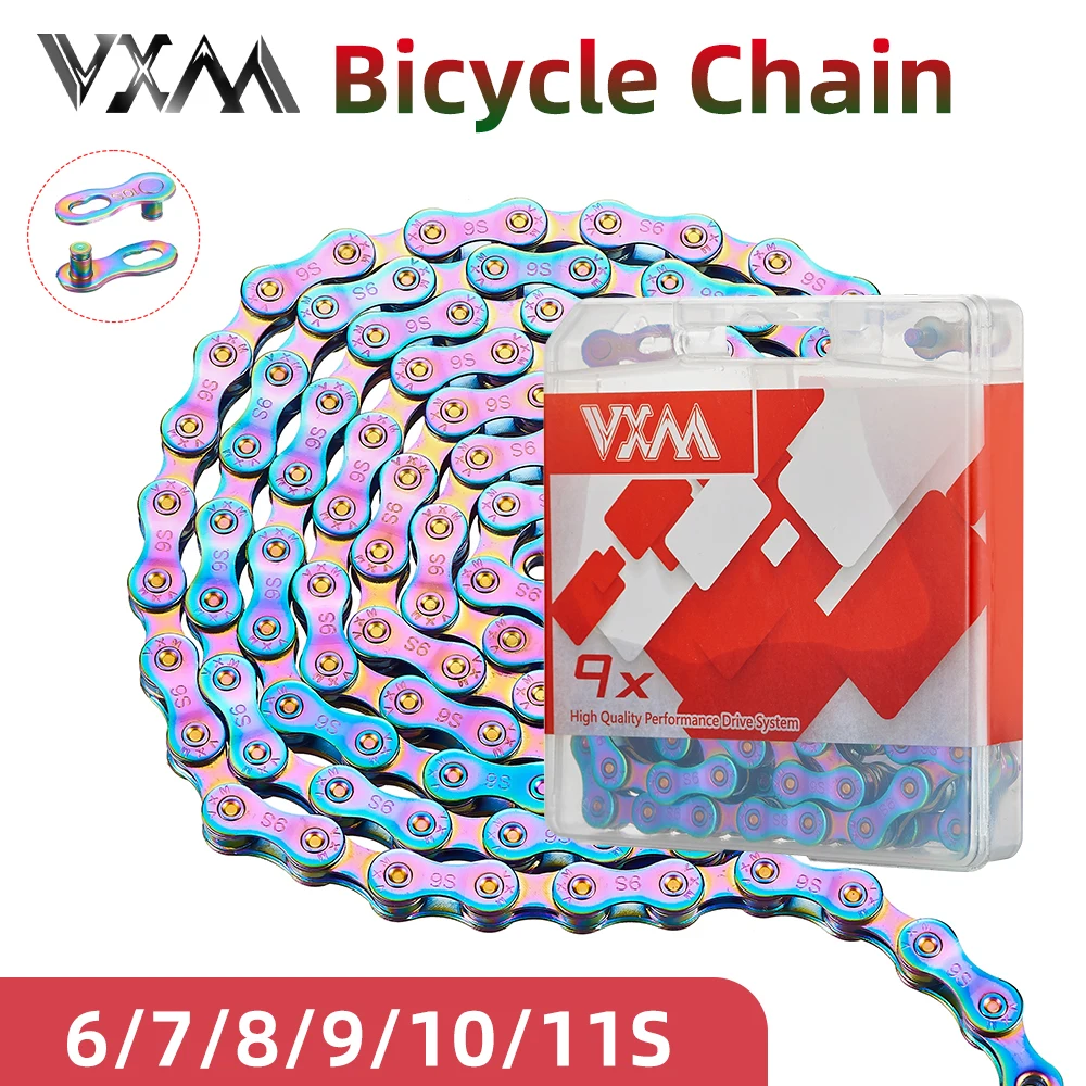 VXM Bicycle Chain Multi-Colored Rainbow 6/7/8/9/10/11 Speed Magic Buckle Road Bike and MTB 116L