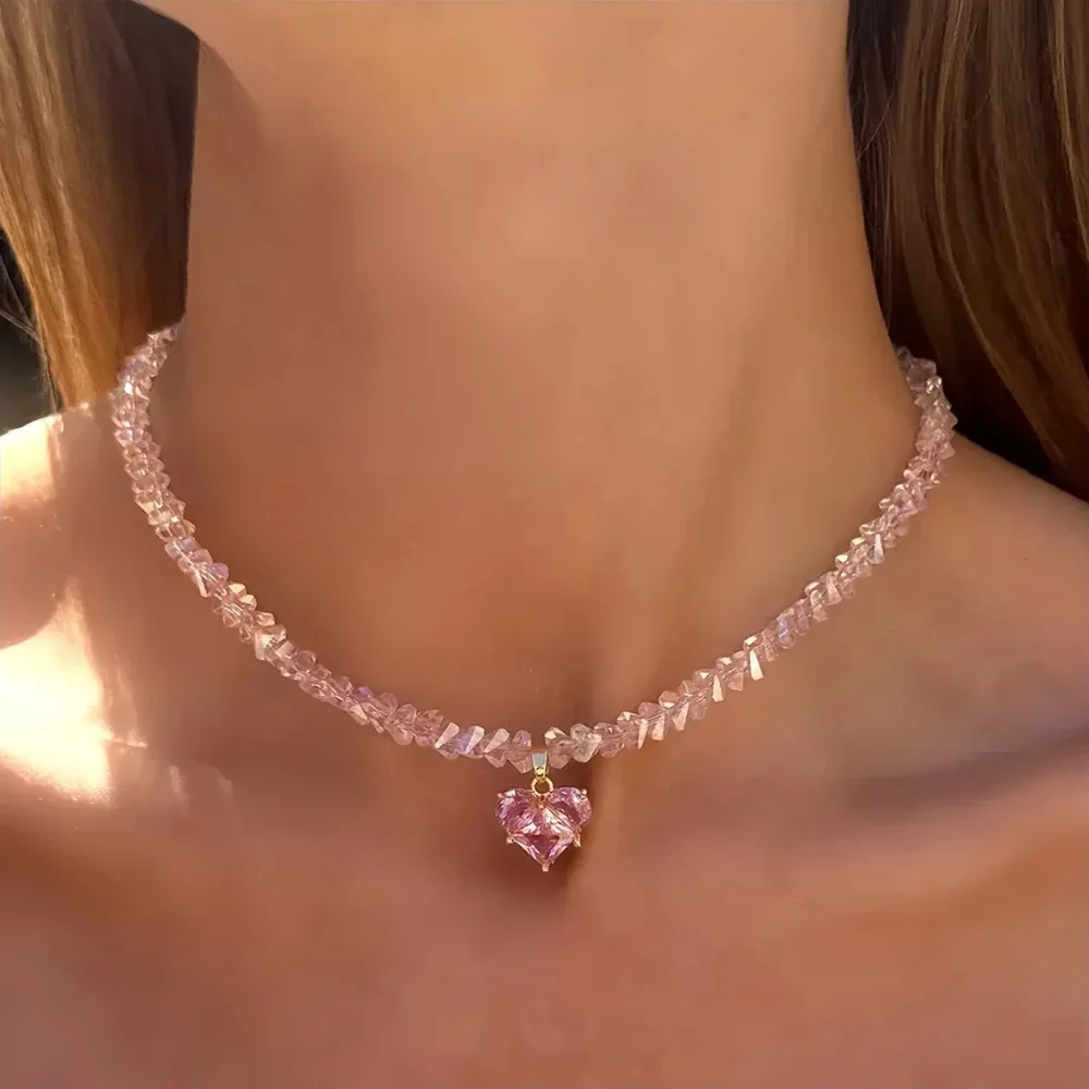 Fashion Vintage Sexy Zircon Heart Pendant Necklace For Women Female Transparent Crystal Chain Jewelry