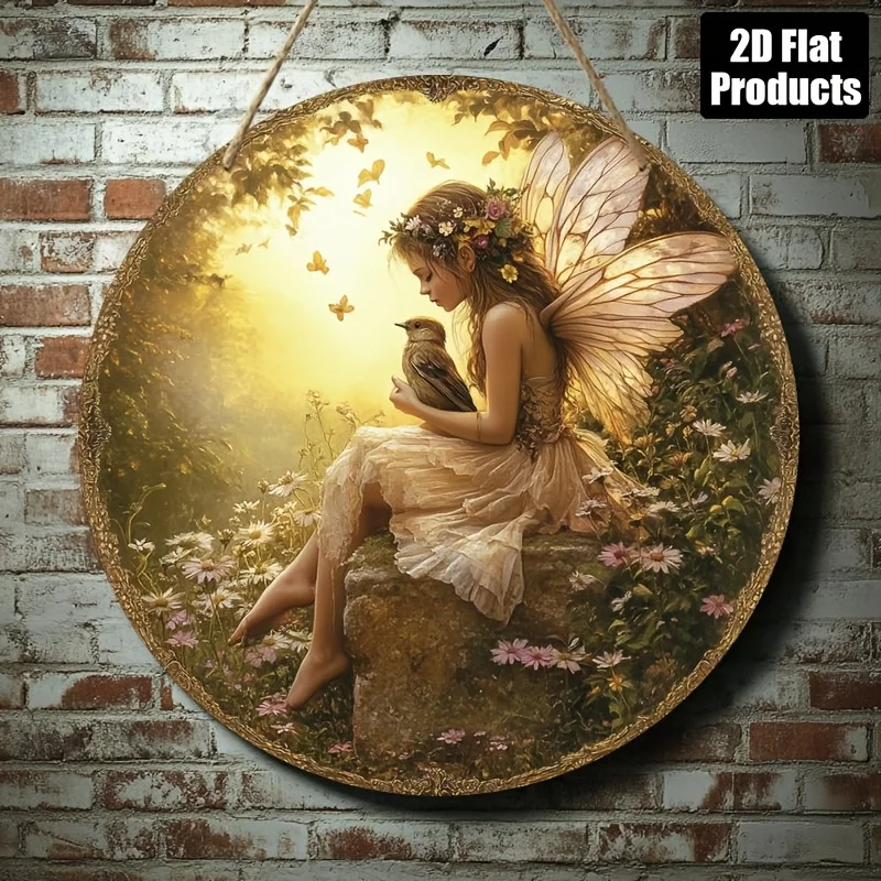 2D Flat, 1pc, Round Wooden Board Decorative Sign Plaque, Elf Girl and Bird Theme, Suitable for Bar, Kitchen, Cafe, Home, Room, L