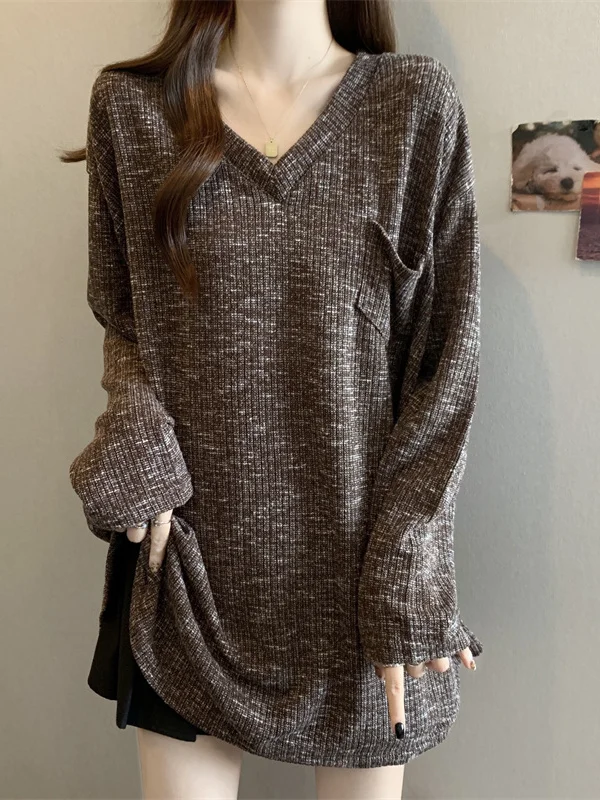 

Свободная женская базовая блузка с V-образным вырезом и длинным рукавом, больших размеров, осенне-весенняя, однотонная, средней длины, прикрывающая бедра