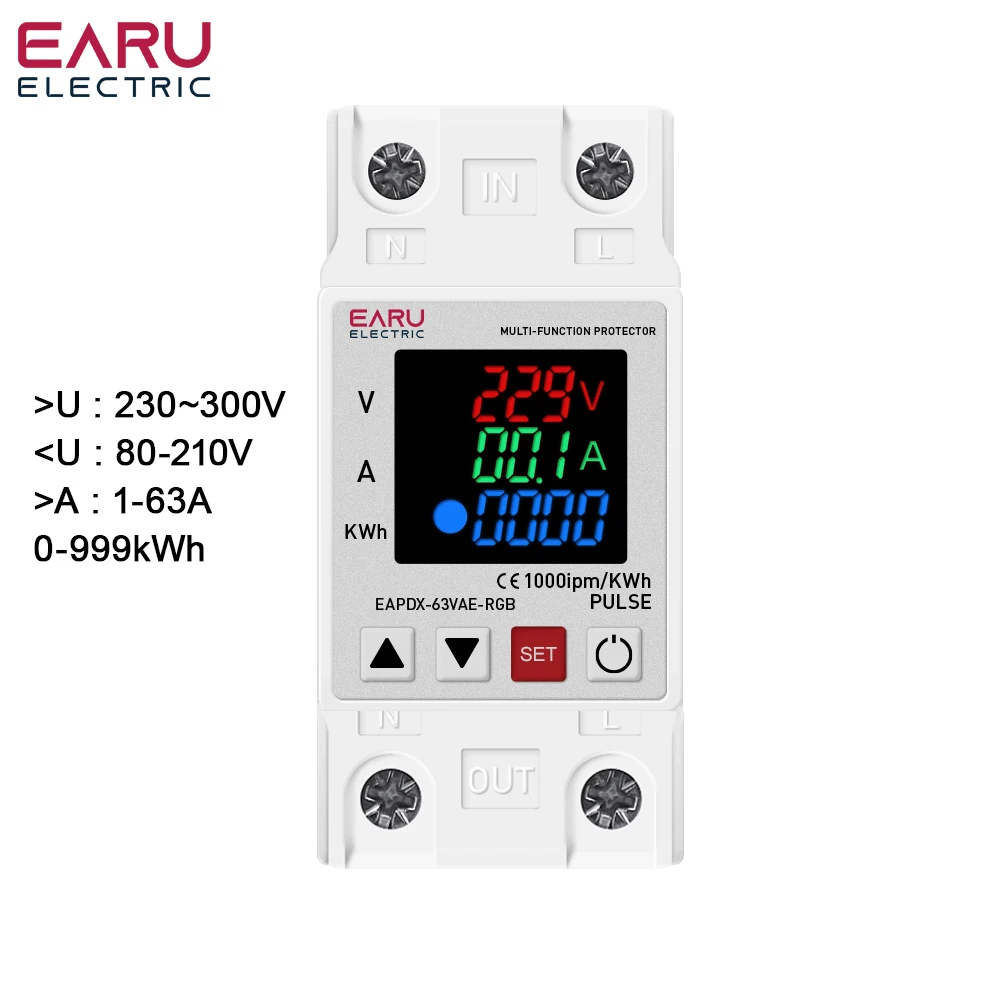 Pantalla Dual de Riel Din, relé Protector de dispositivo de protección contra sobrevoltaje y bajo voltaje ajustable, 63A, 220V, 230V, KWH