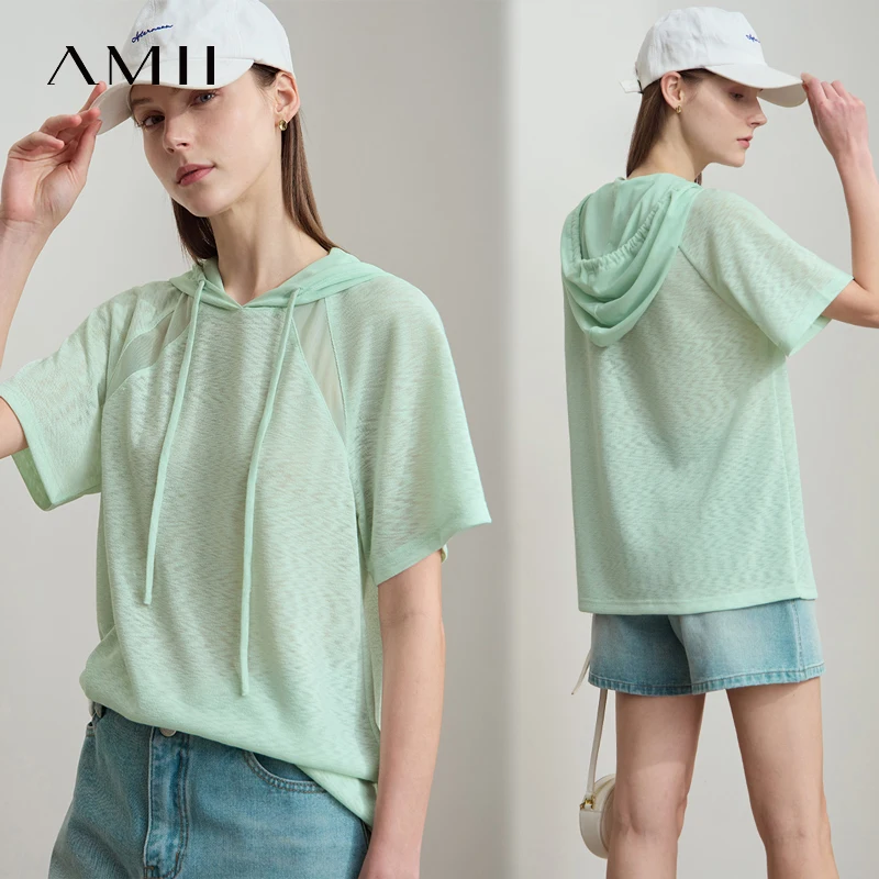 AMII Casual Loose Sweatshirts Women Clothing 2025 Summer New Splice Mesh Hooded Solid Color Casual Sports Knitted Tops 12522095