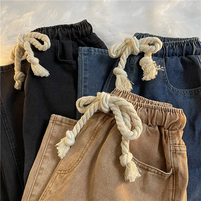 Korean Style Vintage Denim Pants Man Spring Autumn Elastic Waist Bandage Brown Straight Jeans High Street Loose Wide Leg Pants