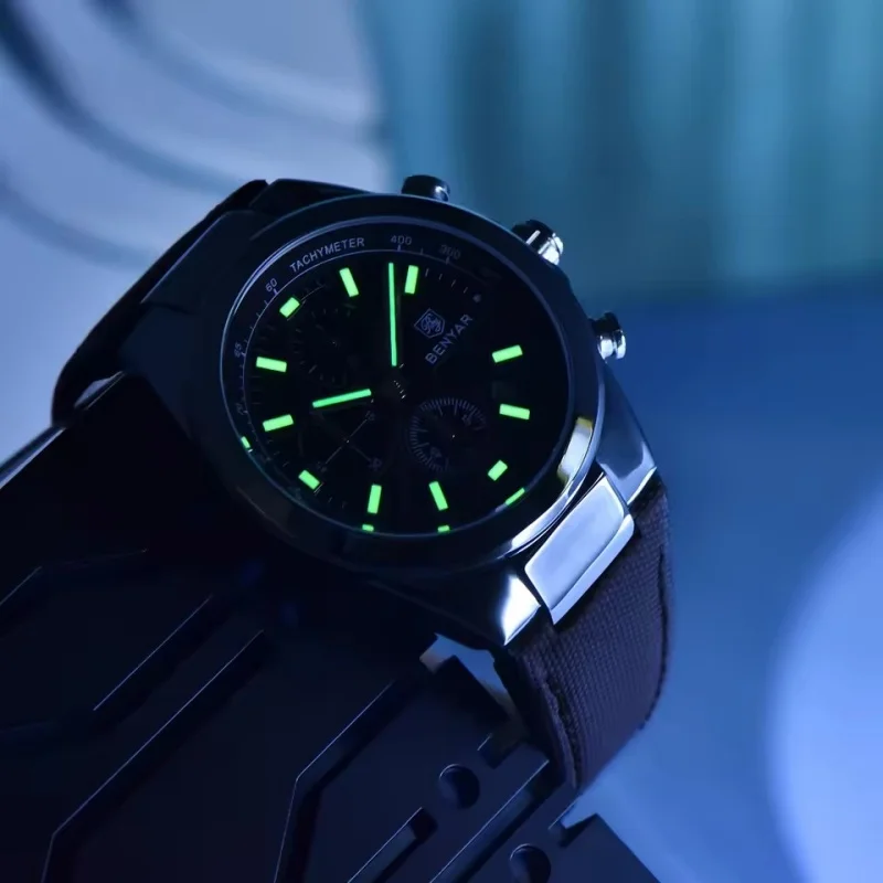 BENYAR 5206 Классические модные новые мужские часы Кварцевые роскошные светящиеся хронографы Водонепроницаемые кожаные мужские деловые часы с календарем