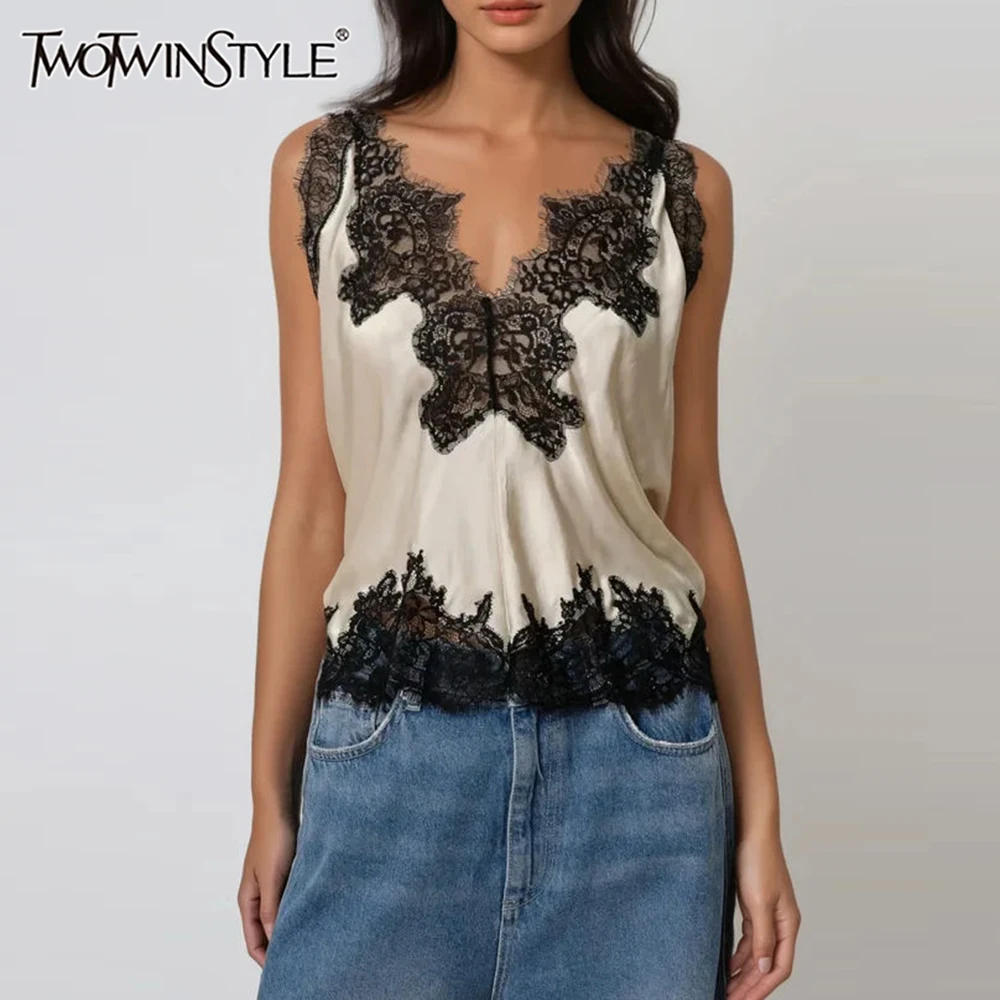 

TWOTWINSTYLE модный жилет для похудения с цветными блоками для женщин с v-образным вырезом без рукавов в стиле пэчворк, кружевные темпераментные топы, женская одежда, новинка