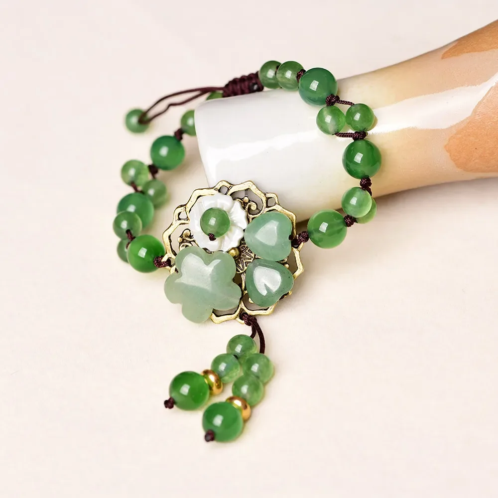 Jade Stone Jadeite Emerald Flower Bracelet Charm Jewellery Fashion Accessories Chinese Carved Amulet Gifts for Women Her