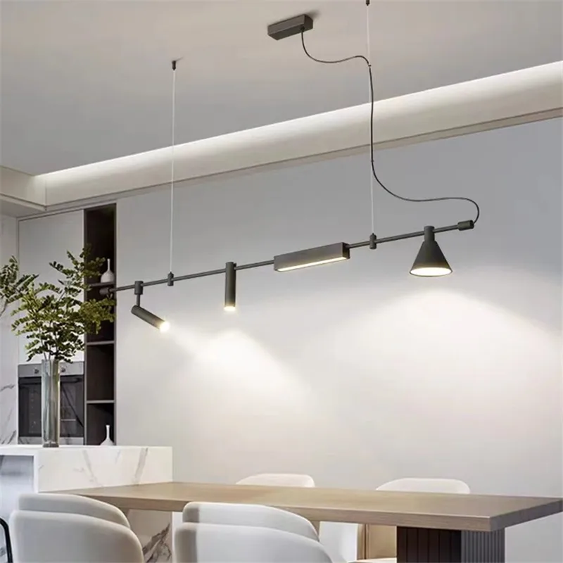 Minimalist Linear Chandelier LED Black Long Strip Hanging lamp postmodern design spotligt dining Room ]kitchen island lights