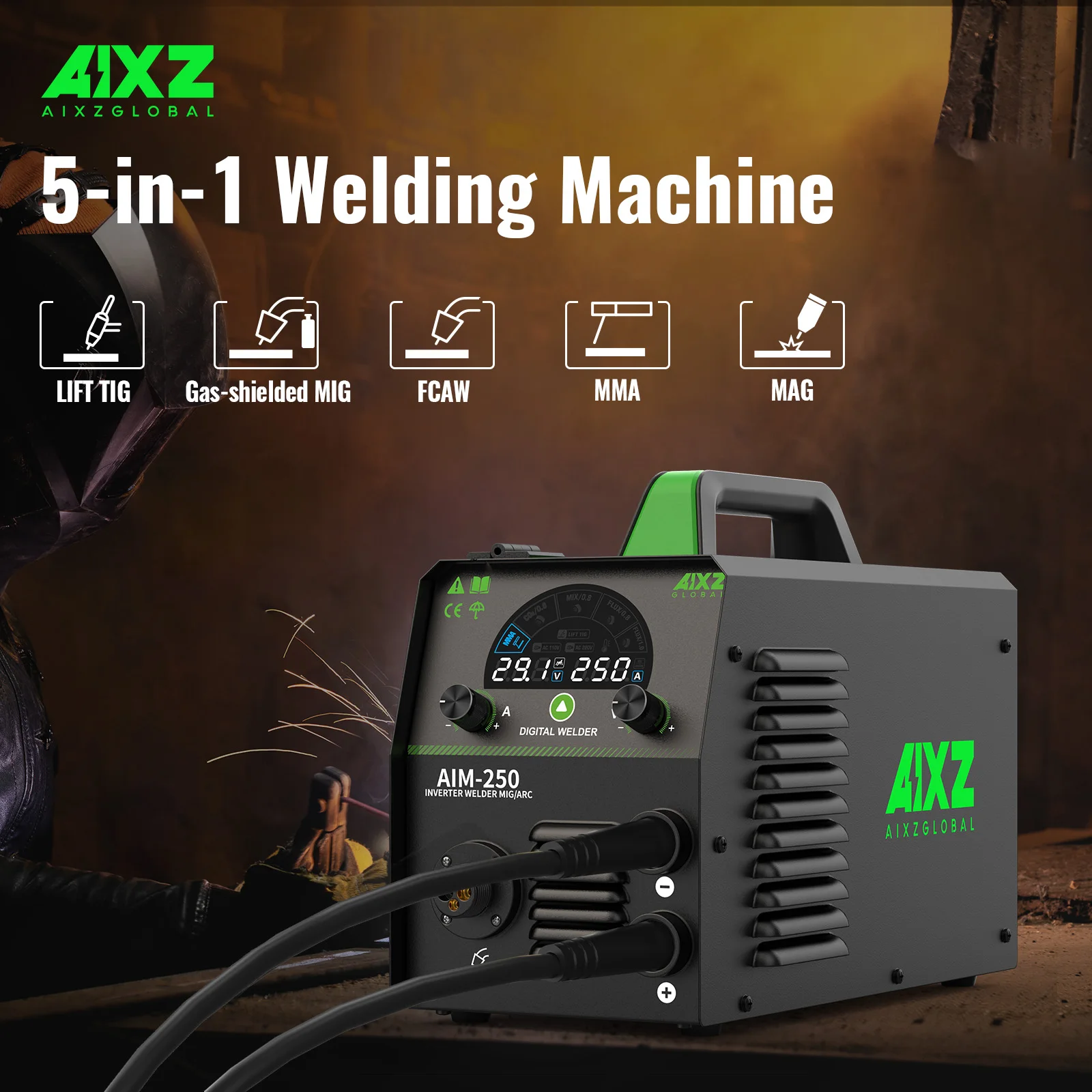AIXZ AIM250 220V Poste à souder MIG 5-en-1 semi-automatique sans gaz/avec gaz MMA Lift TIG MAG, compatible avec fil de 0,8-1,0 mm (1-5 kg), équipement de soudage portable DIY