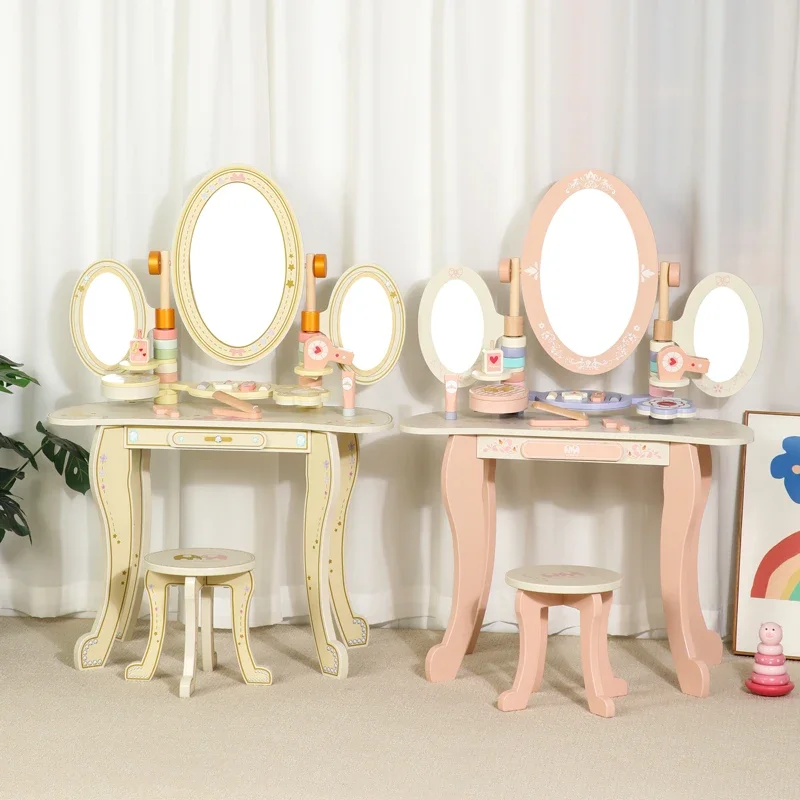 Wooden Simulation Makeup Table Playhouse for Kids Educational Pretend Role Play Preschool Dresser Hobbies Learning Tools