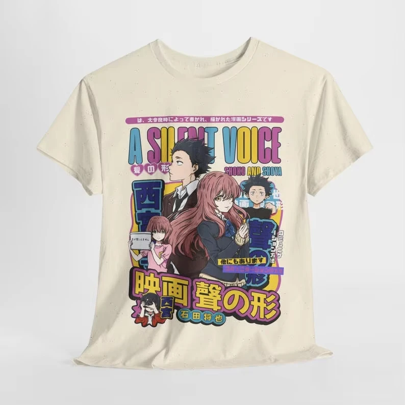 A Silent Voice Single Black T-shirt Shoya Nishimiya Colorful Text Print Oversized Cotton Oversized Unisex Couples high quality