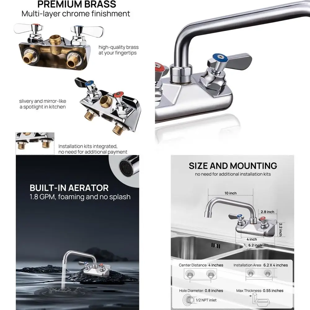 

Commercial 4 Center 10 Spread Wall-Mount 2-Handle Faucet for Triple Sink, Suitable for Restaurant, Laundry, and Industrial Use,