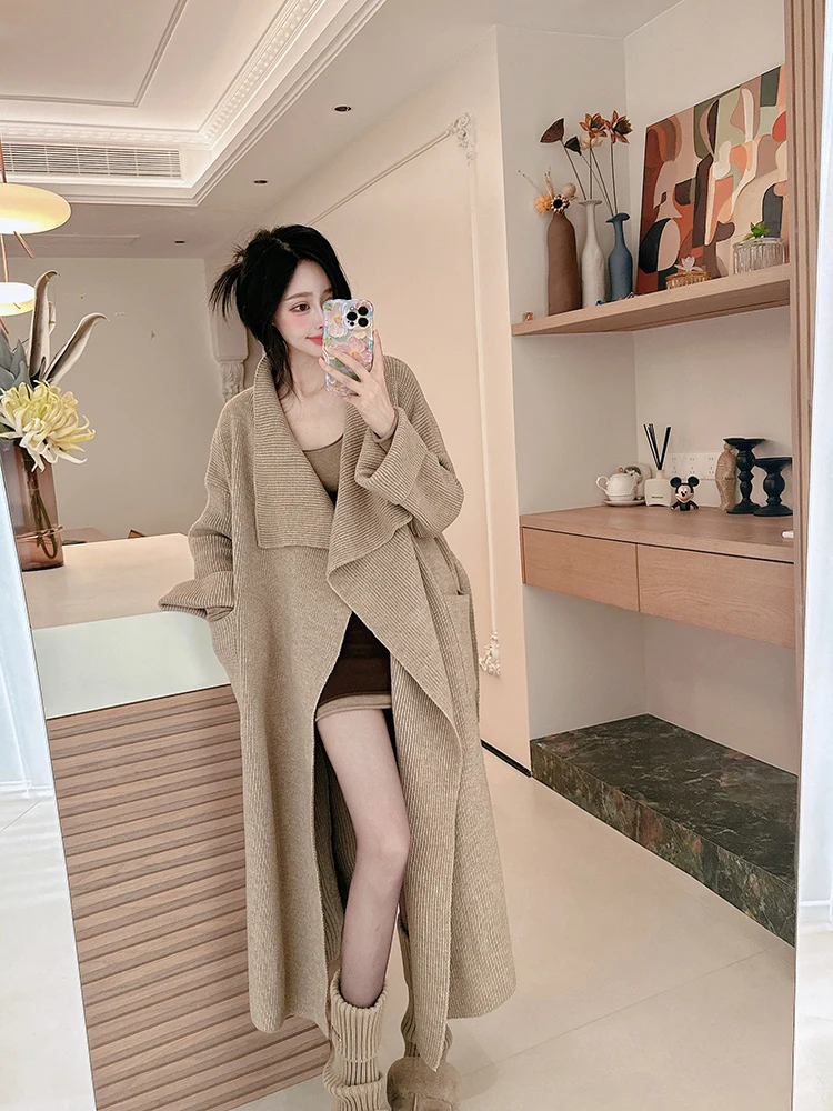 

Осенне-зимний утепленный кардиган с большим воротником, свободный удлиненный свитер-пальто до колен с поясом, драпированный трикотаж для женщин