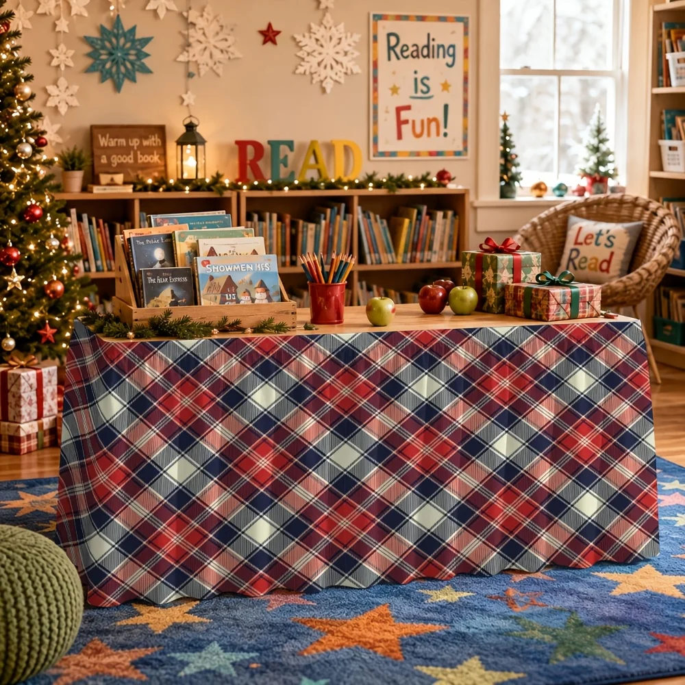 1 red and blue plaid printed table cover skirt for party events, kitchen and dining room decorations