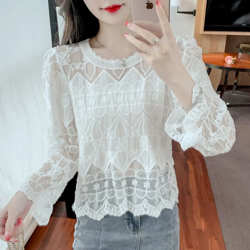 Lace Trim Hollow Out Long Sleeve Blouse Delicate Round Neck Lightweight Top