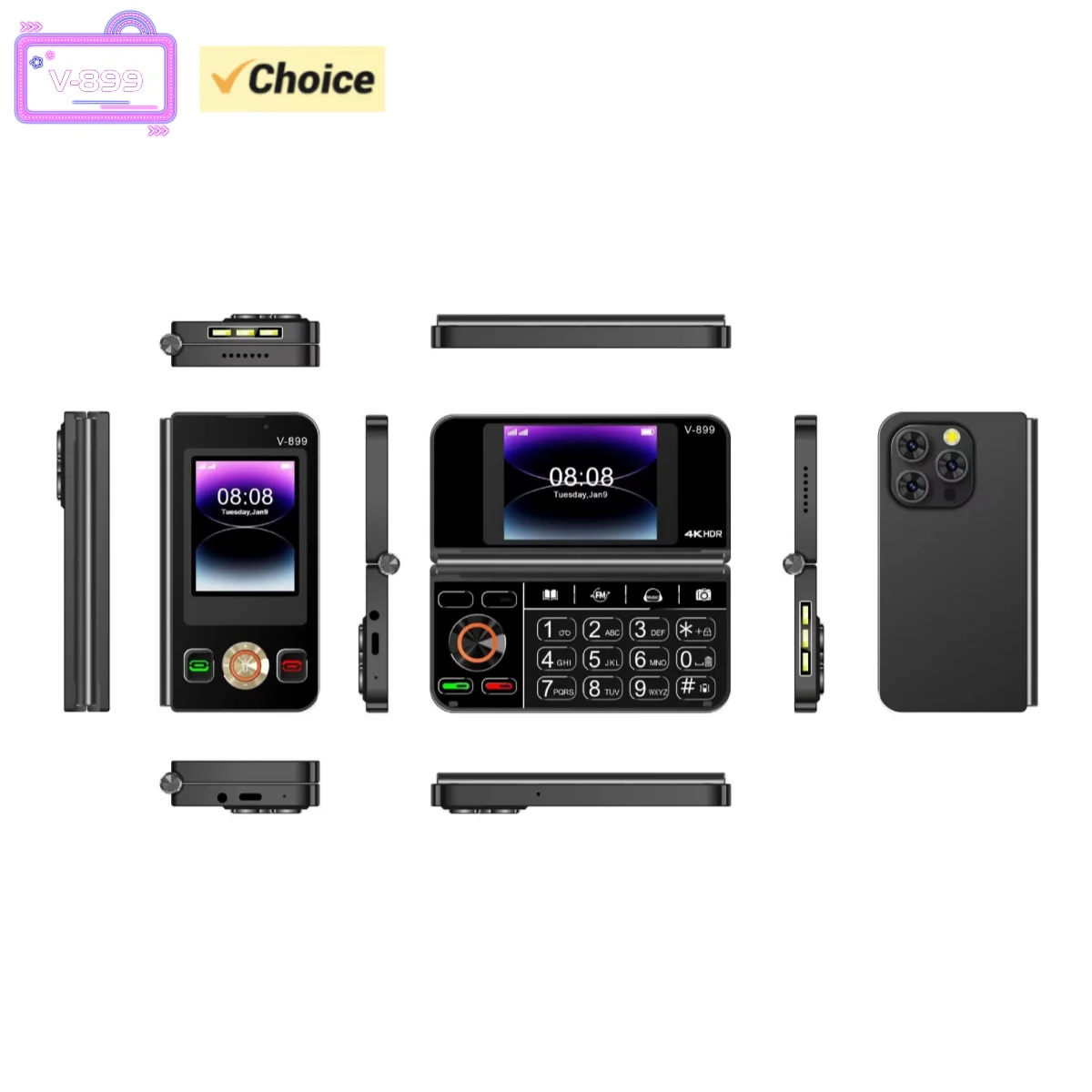 V-899 Bluetooth Folding 2G Cellphone 2.8``2.4``Dual Screen Display MTK6261A 32MB RAM 64MB ROM Dual SIM 3.0MP Type-C Torch Phone