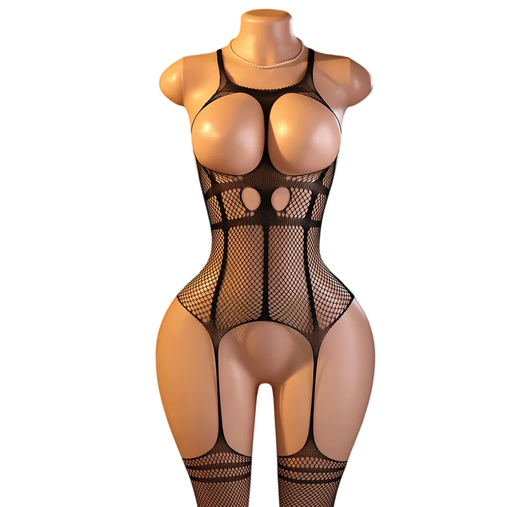 Sexy See-through Knit Hollow Out Bodysuit, Stretchy Tight Lingerie, Crotch Opening Sleepwear.