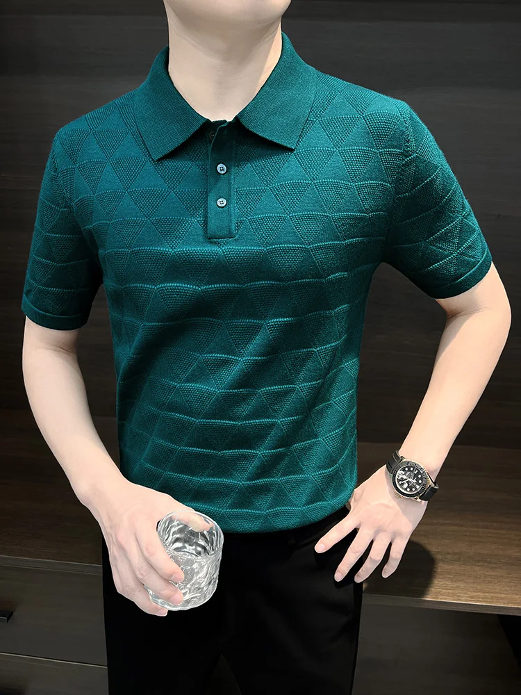 

Men T Shirt Knitted Polo V-Neck Solid Color Short-sleeved T-Shirts Korean Luxury Slim Knitted Retro Tops Tees Clothes C87