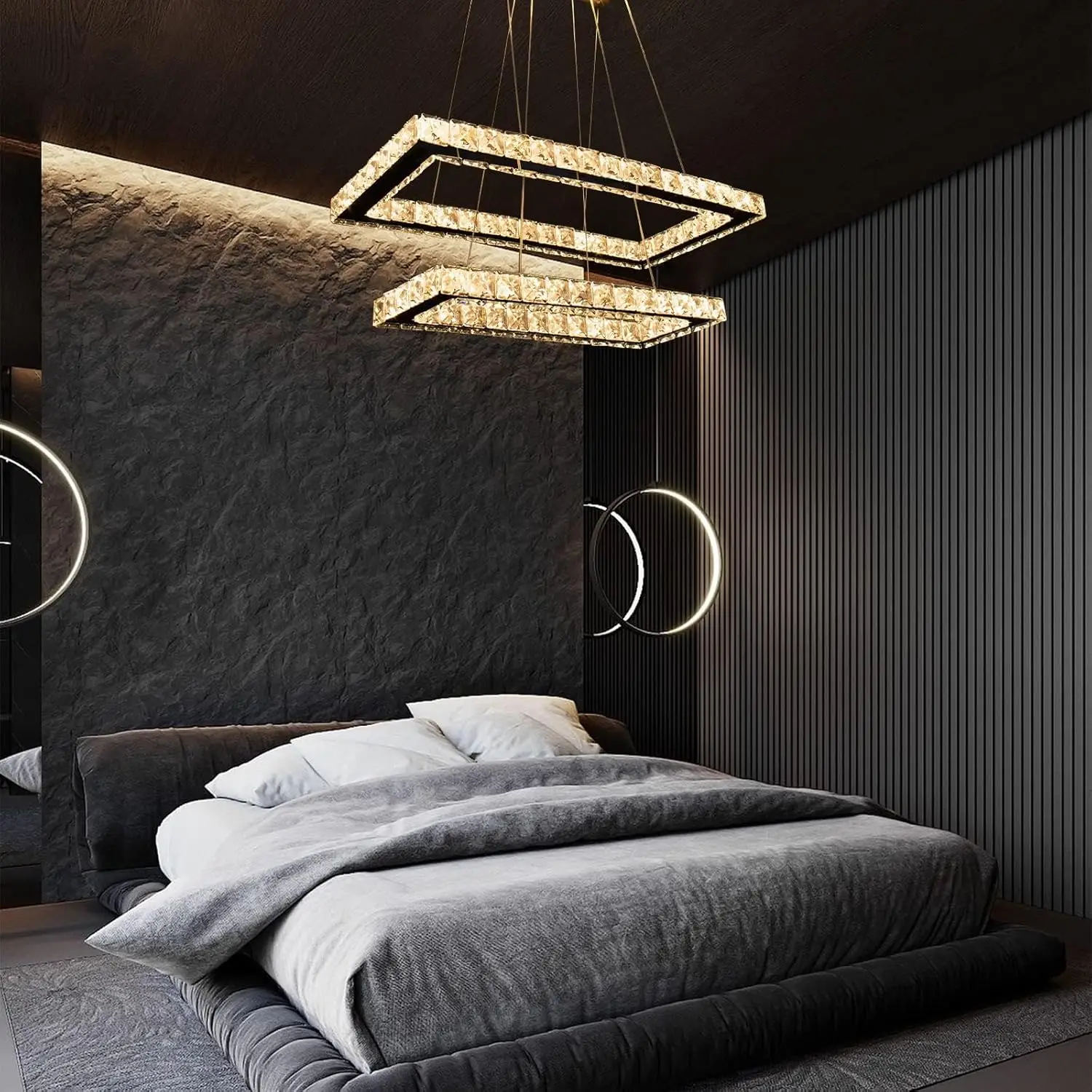 Finktonglan Moderne Kristall-Kronleuchter mit Fernbedienung, 20,5'' Regulatório 2 Ringe Rechteckige LED-Kristall-Kronleuchter, Inse