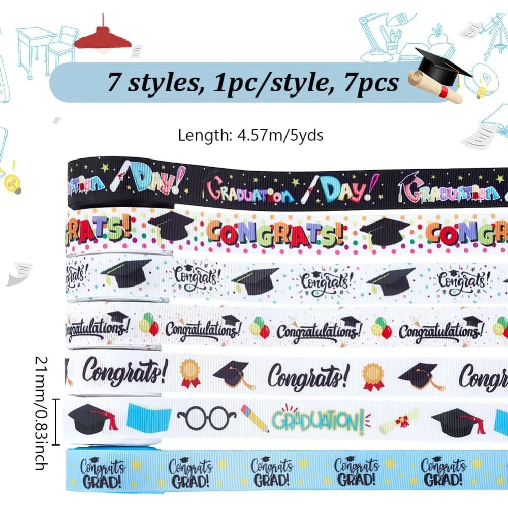 7Pcs 7 Styles Graduation Season Polyester Printed Grosgrain Ribbon Mixed Color 7/8 inch(21mm) 5 yards/pc 1pc/style