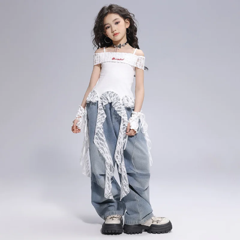 Kid Hip Hop Clothing White Off Shoulder Lace Top Denim Blue Casual Parachute Jeans Baggy Pants for Girl Dance Costumes Clothes