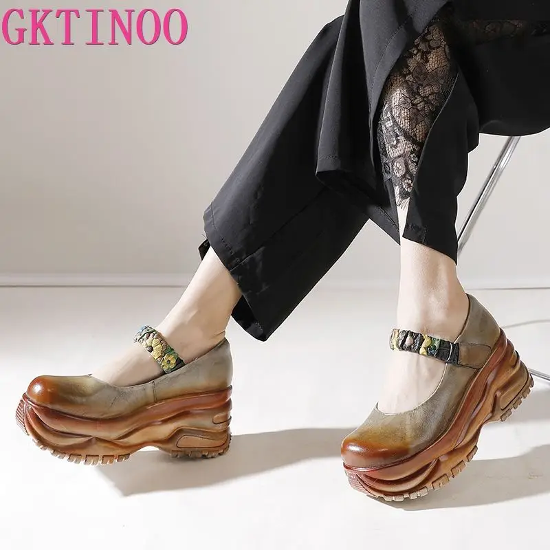 

GKTINOO 2023 Spring Genuine Leather Women Pumps Platform Wedges Round Toes Ankle Strap High Heel Women Shoes