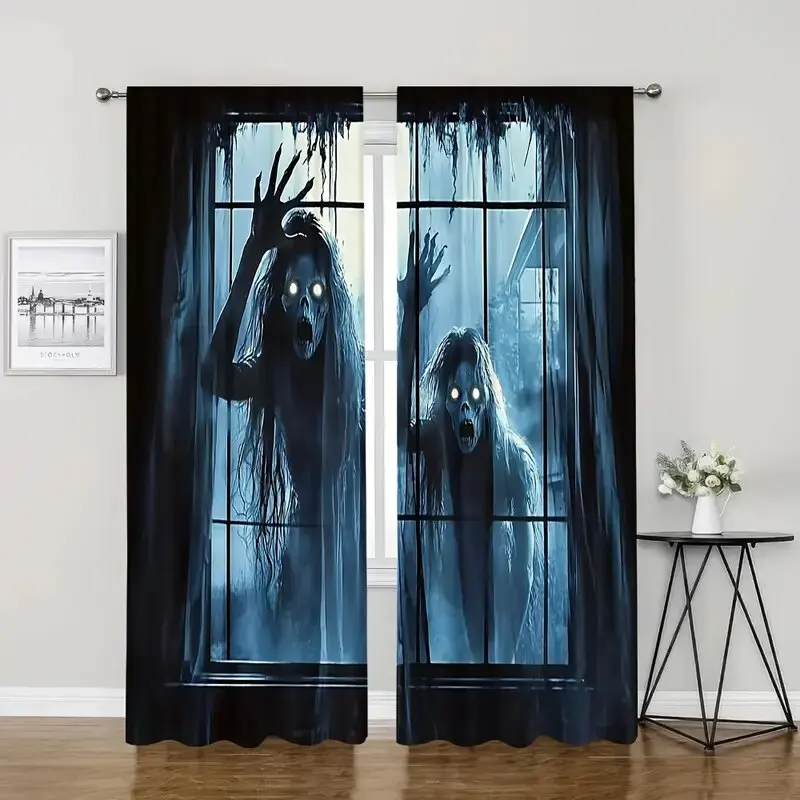 

2PCS- Halloween Ghost and monster decorative pattern printed curtains, window decorations, home decorations, room decorations