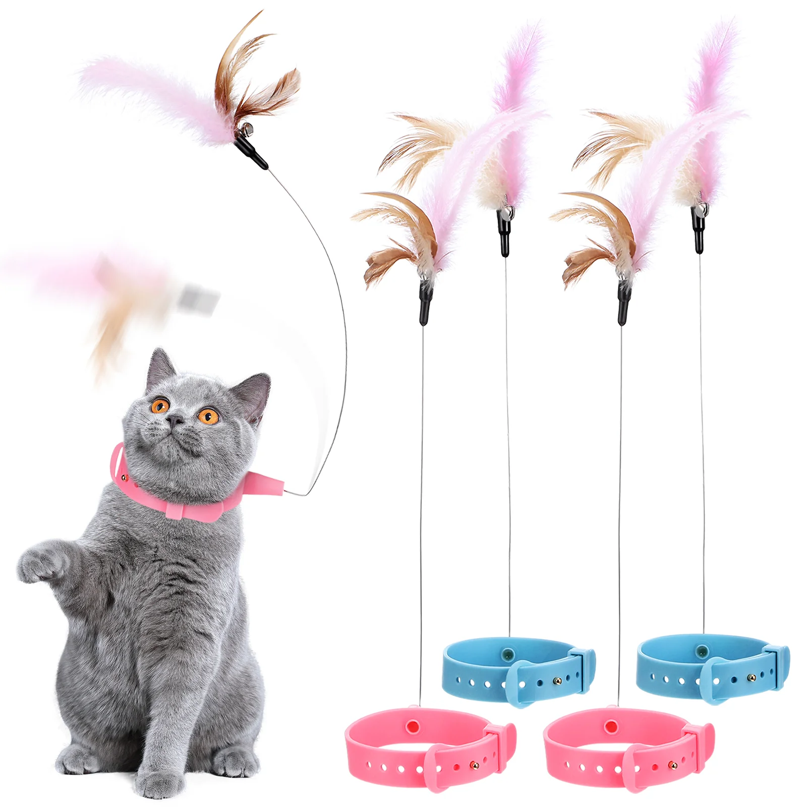 4 pçs coleira de gato brinquedos pena para gatos internos varinha ao ar livre teaser gatinho interativo exercitador catcher