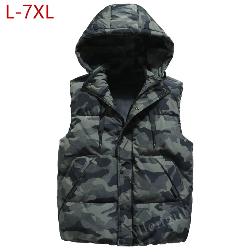 Spring Winter Men Plus Large Size 6xl 7xl Vest Hat Detachable Camouflage Sleeveless Jackets Warm Parka for Men Unisex Waistcoat