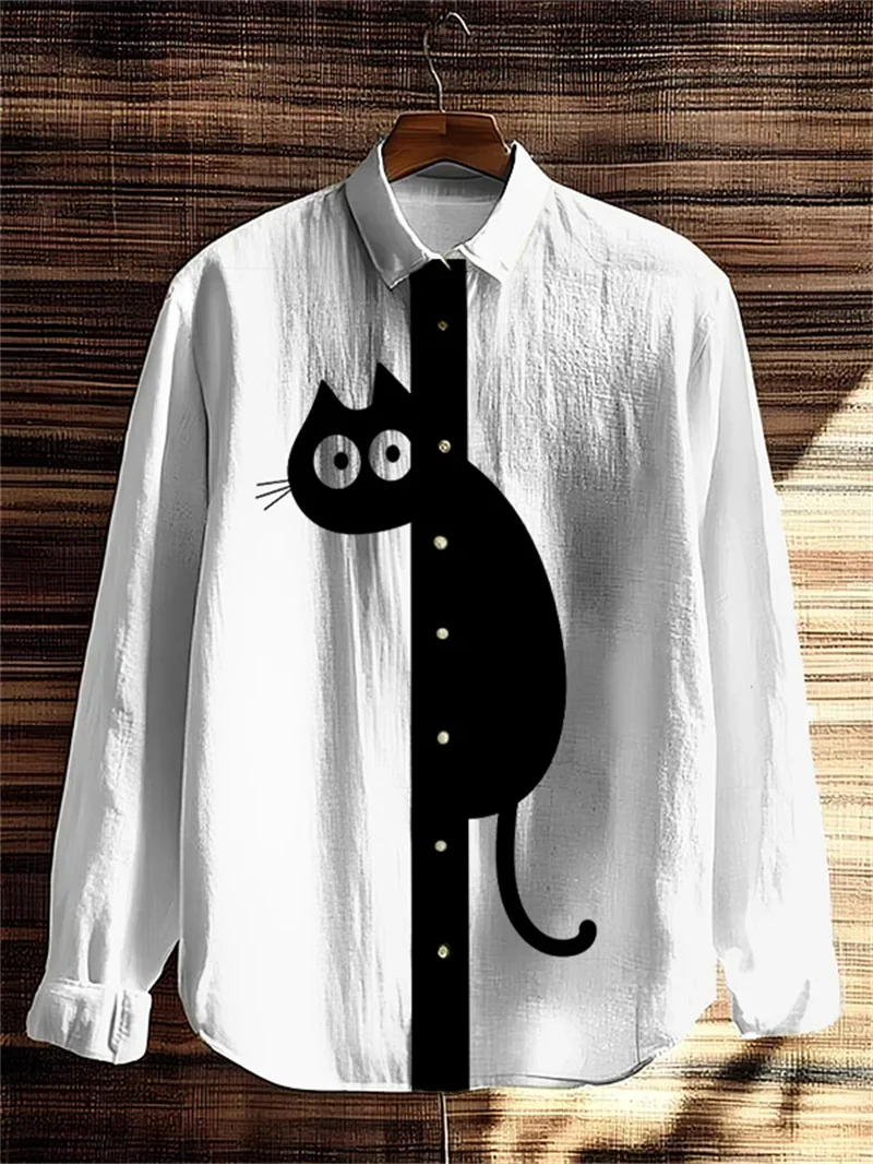 

New Men's Long Sleeve Shirt Animal Cat 3D Printed Hawaiian Lapel Top Casual Comfortable Men's Shirt Top