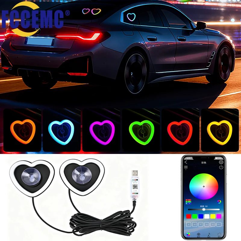 APP Control Car LED Window Light Interior Decoration Glowing Heart Atmosphere Lamp RGB USB Heart-Shaped Neon Ambient Mood Lamp