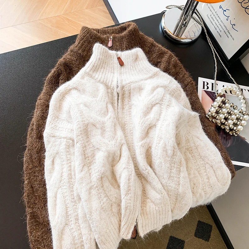 2025 가을/겨울 하이 칼라 지퍼 오픈 스커트 여성용 신상 루즈 소프트 글루티너스 트위스트 니트 코트