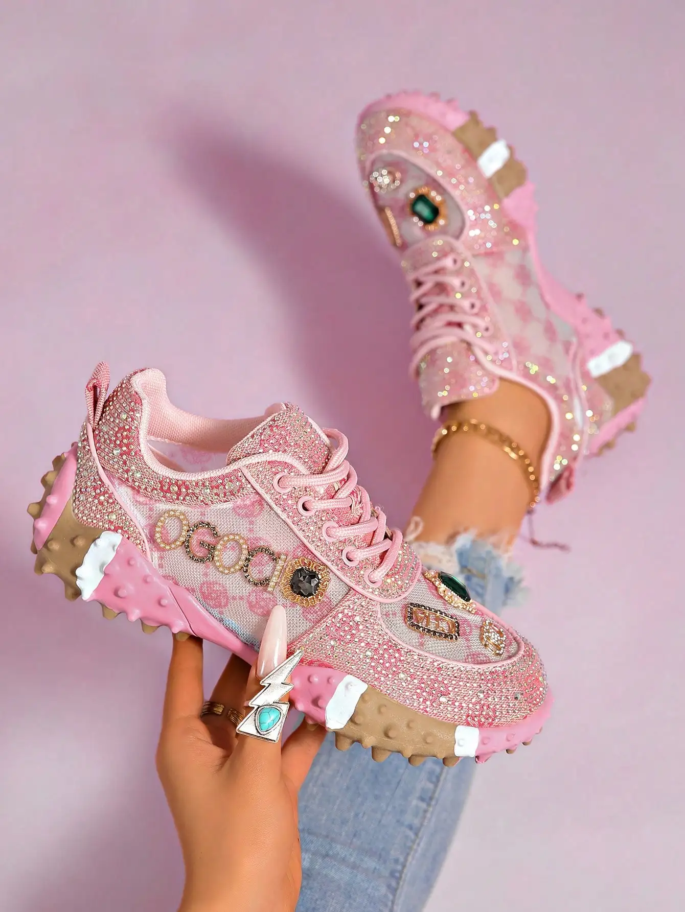 LiangJingJing Women's Pink Rhinestone Chunky Sneakers With Lace-Up Front, Letter Charm Decor, Patterned Mesh Upper And Coquette-Inspired Look