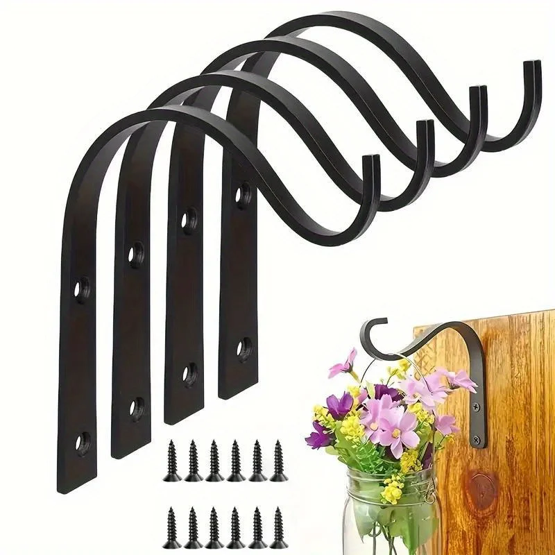 4 Peças Suporte de Ferro Preto para Pendurar Vasos de Flores e Plantas em Parede de Jardim