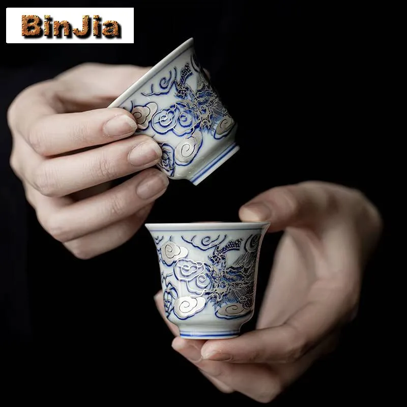 40Ml Handamde Pure Sier Gilded Ceramic Teacup Chinese Dargon Pattern Master Cup Small Tasting Chazhan Kung Fu Tea Set Gift