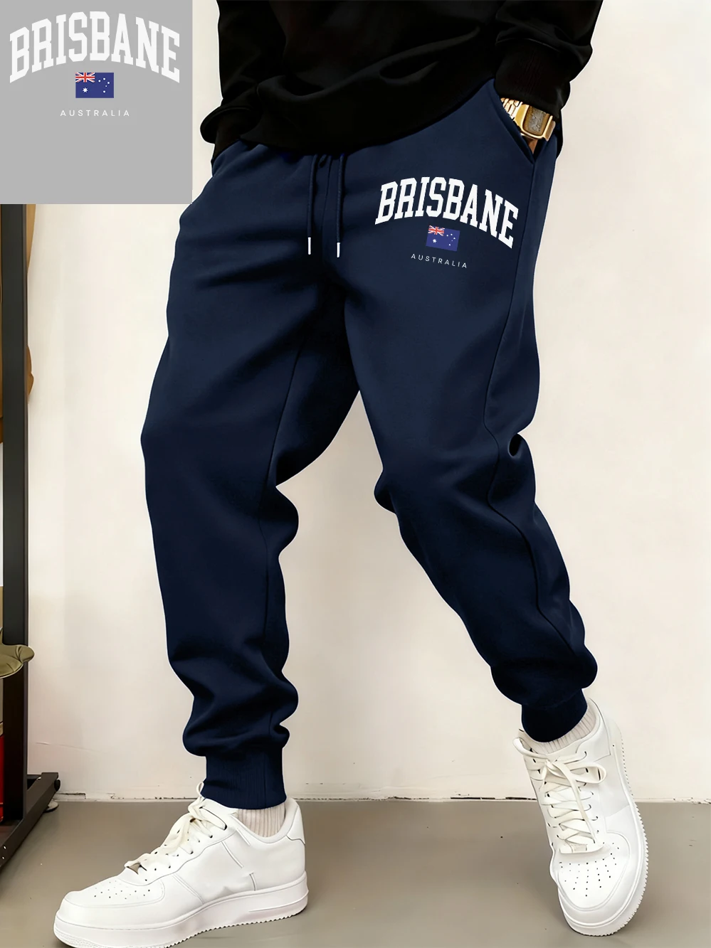 

Brisbane Australia Flag Prints Sweatpants Mens Winter Pocket Jogger Pants Basics Fleece Warm Loose Trousers Casual Male Clothes