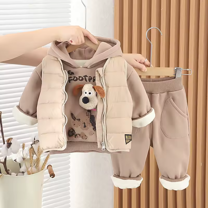 Boys Clothes Sets Winter Children Thick Velvet Vest Hoodies Coats Pants 3pcs Warm Suit For Baby Cute Tracksuits Kids Down Outfit