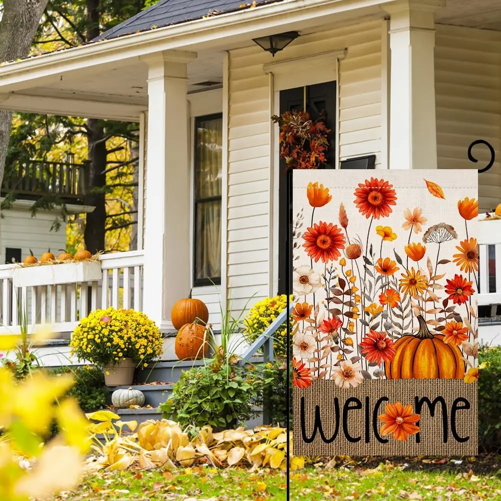 BLKWHT Fall Floral Pumpkin Garden Flag 12x18 Vertical Double Sided Orange Flowers Welcome Autumn Thanksgiving Holiday Outsid UUN