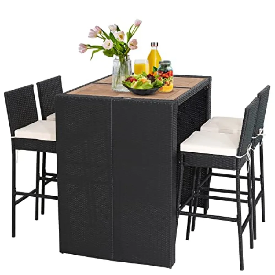 

5 Piece Patio Wicker Bar Set, Patiojoy Outdoor Acacia Wood Bar Height Table and 4 Rattan Bar Stool Chairs with Backrest and Foo