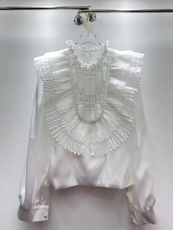 

Ele White Lace Hollow out Fly Sve Slim Fit irt Korean Sle Commute Faion Heavy Work Match All Name Lady irt