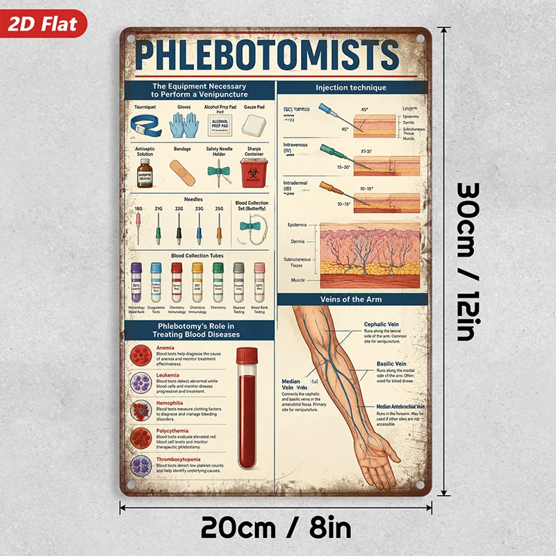 2D Flat, 1pc Phlebotomy Guide Metal Sign Wall Art, Medical Anatomy Charts, Injection Technique Diagrams, Veins Of The Arm, Suita